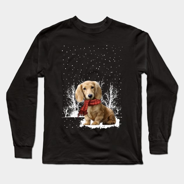 Christmas Cream Dachshund With Scarf In Winter Forest Long Sleeve T-Shirt by SuperMama1650